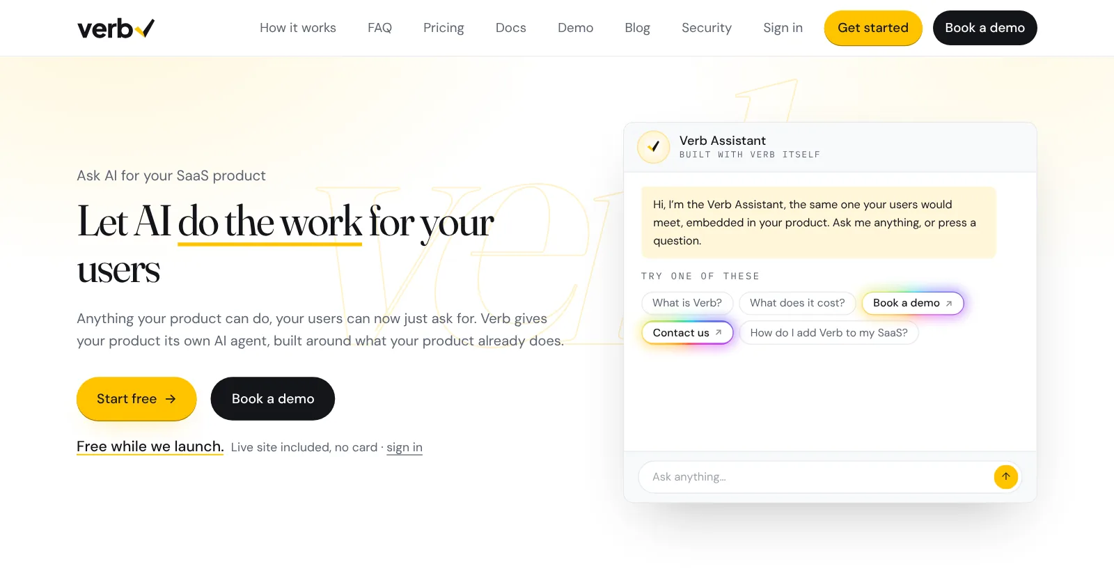 The AskVerb homepage: let AI do the work for your users, with the Verb Assistant beside it