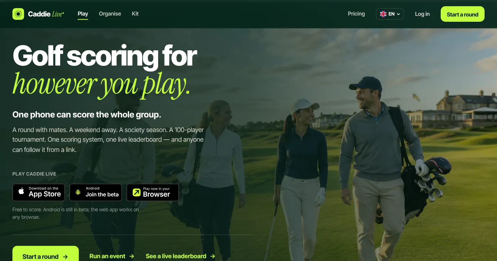 The Caddie Live homepage: golf scoring for however you play, with one phone scoring the whole group
