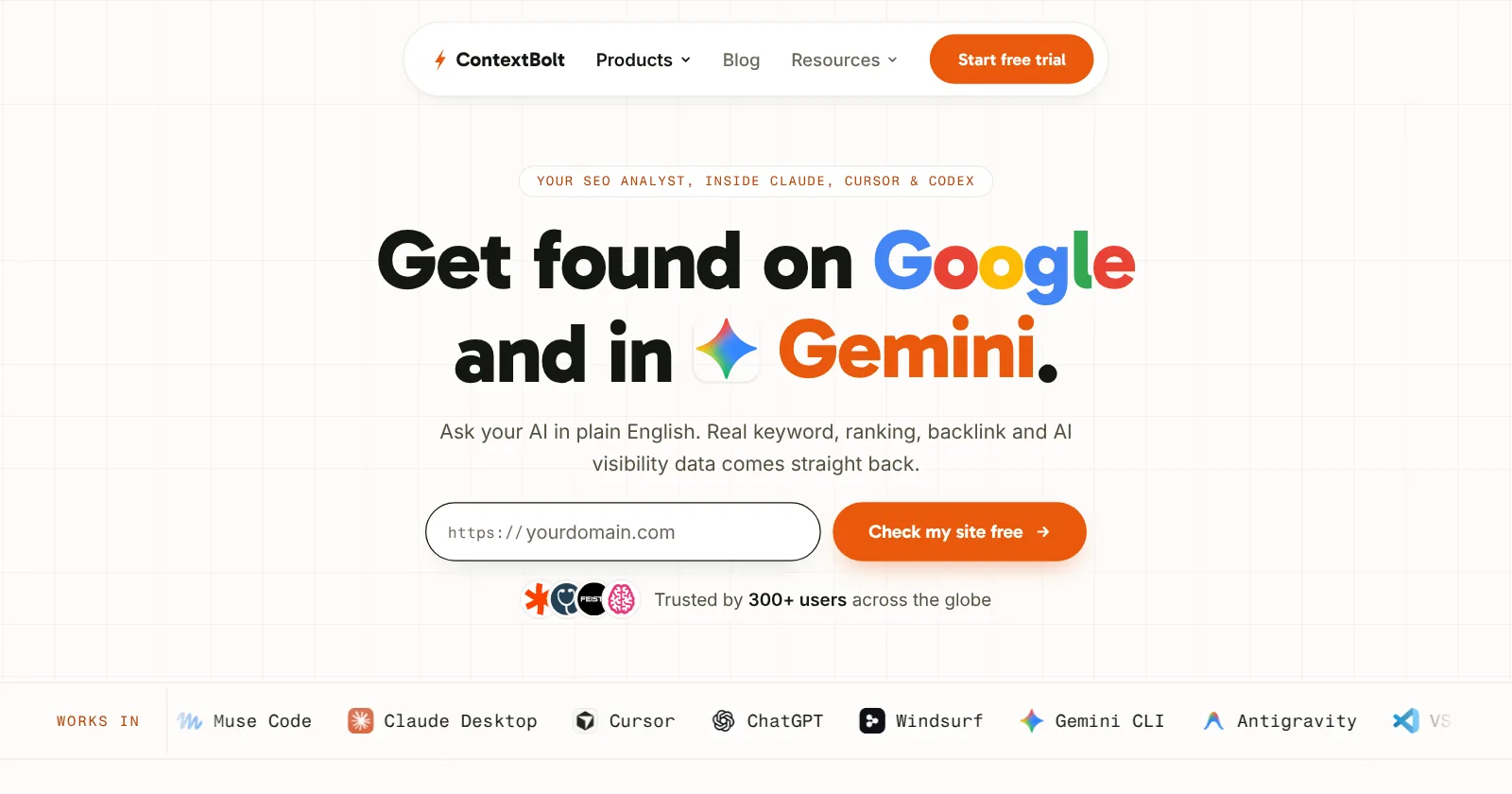 The ContextBolt SEO homepage: get found on Google and in AI answers, by asking your AI in plain English