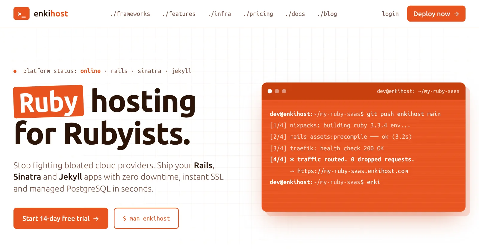 The Enkihost homepage: Ruby hosting for Rubyists, with a terminal deploying a Rails app with git push