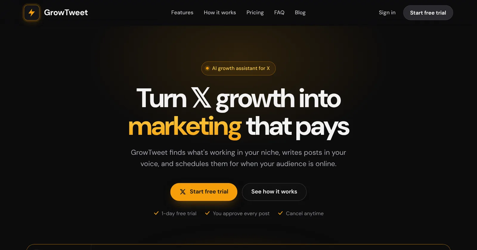 The GrowTweet homepage: turn X growth into marketing that pays