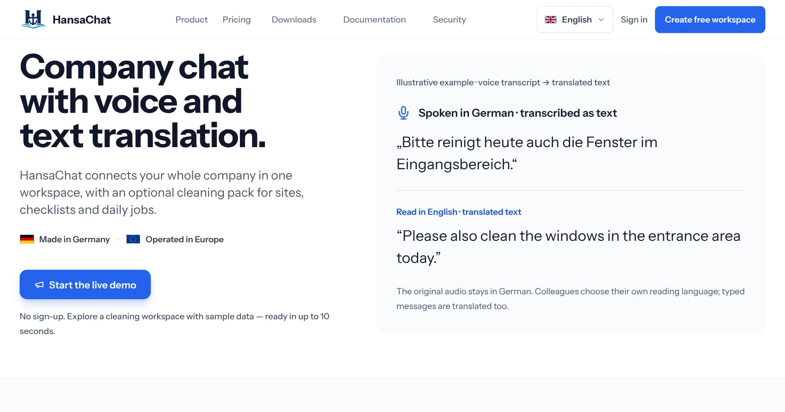 The HansaChat homepage: company chat with voice and text translation, made in Germany and operated in Europe