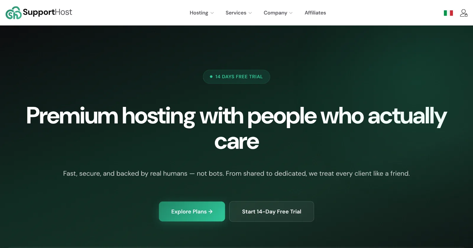 The SupportHost homepage: premium hosting with people who actually care, with a 14-day free trial