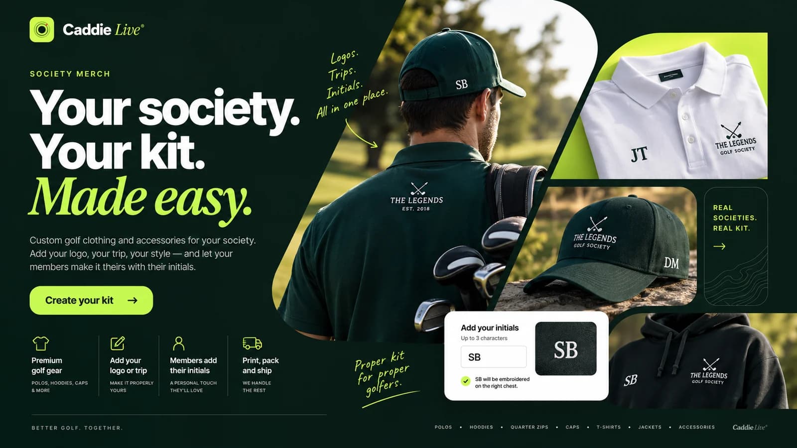 The Caddie Live society merchandise page: custom golf clothing with a society logo and members' initials