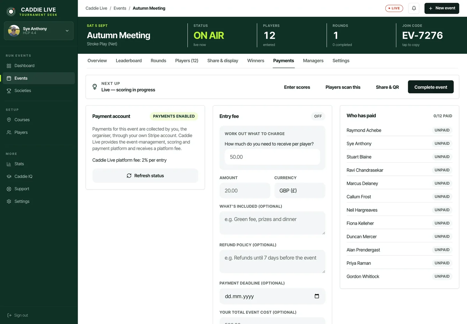 The payments tab of a Caddie Live event: entry fee settings and a list of who has paid