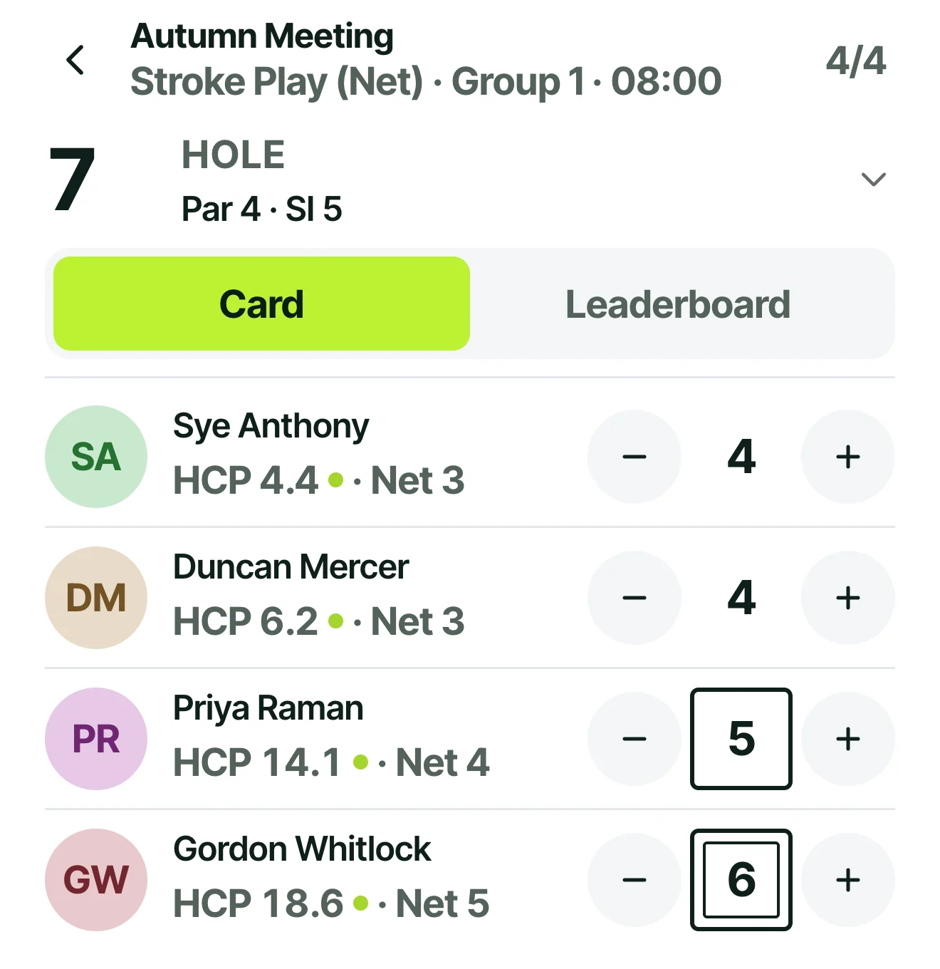 Entering scores for a four-ball in Caddie Live, with each player's handicap and net score beside their name