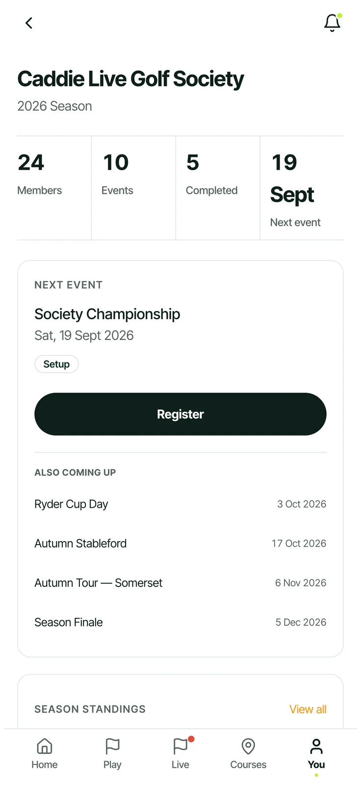 A Caddie Live society page: members, events, the next event and the season standings