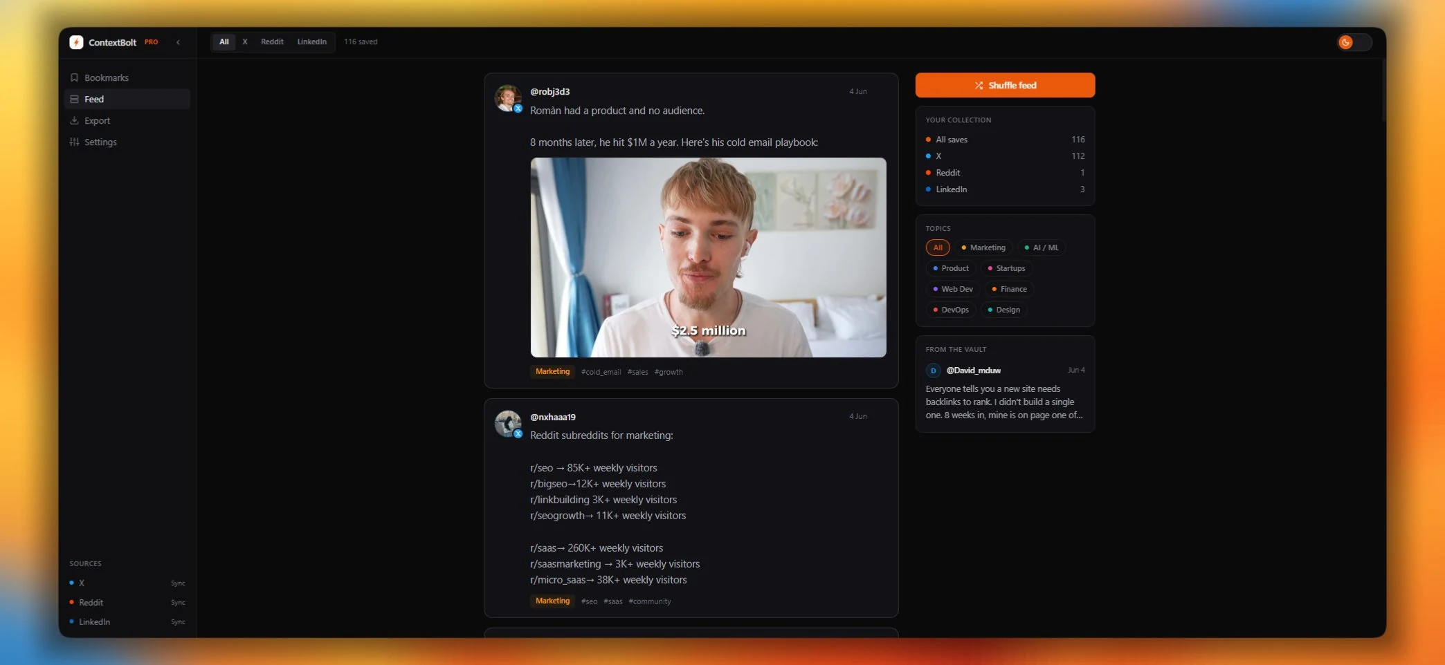 The ContextBolt Bookmarks feed: saved posts from X, Reddit and LinkedIn, tagged by topic