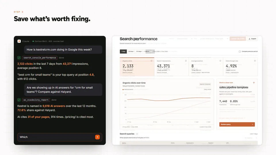 An agent answering questions about search performance with ContextBolt SEO, next to the saved research page it builds