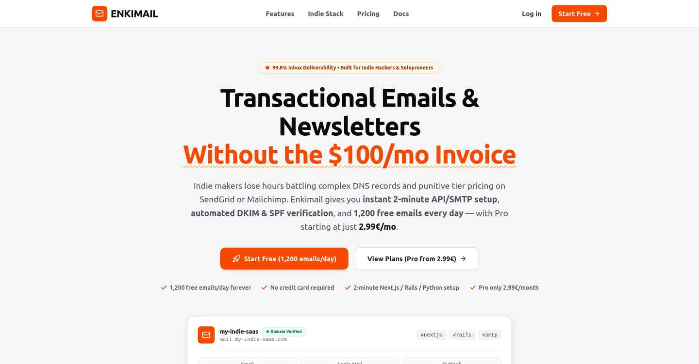 The Enkimail homepage: transactional emails and newsletters without the $100/mo invoice, 1,200 free emails a day