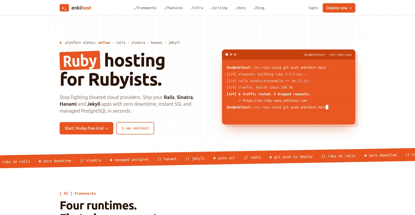 The Enkihost homepage: Ruby hosting for Rubyists, with a git push deploy in a terminal