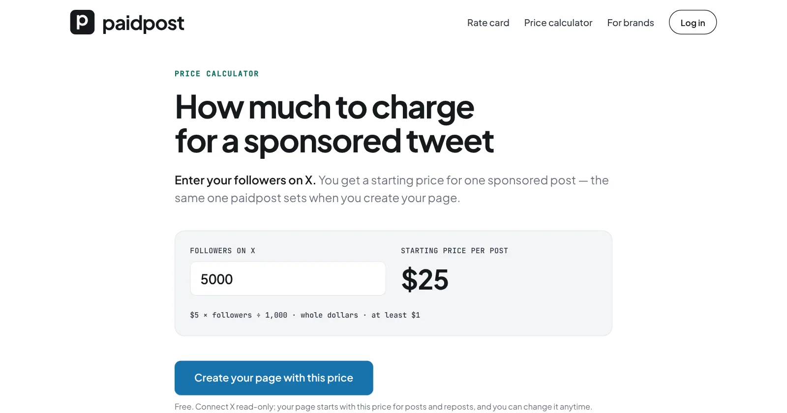 The paidpost price calculator: 5,000 followers on X gives a starting price of $25 per post