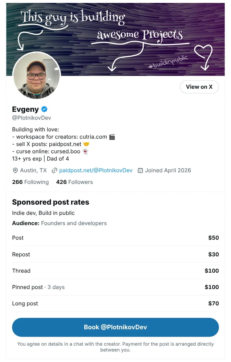 Evgeny's paidpost page: his X profile, his sponsored post rates and a button to book him