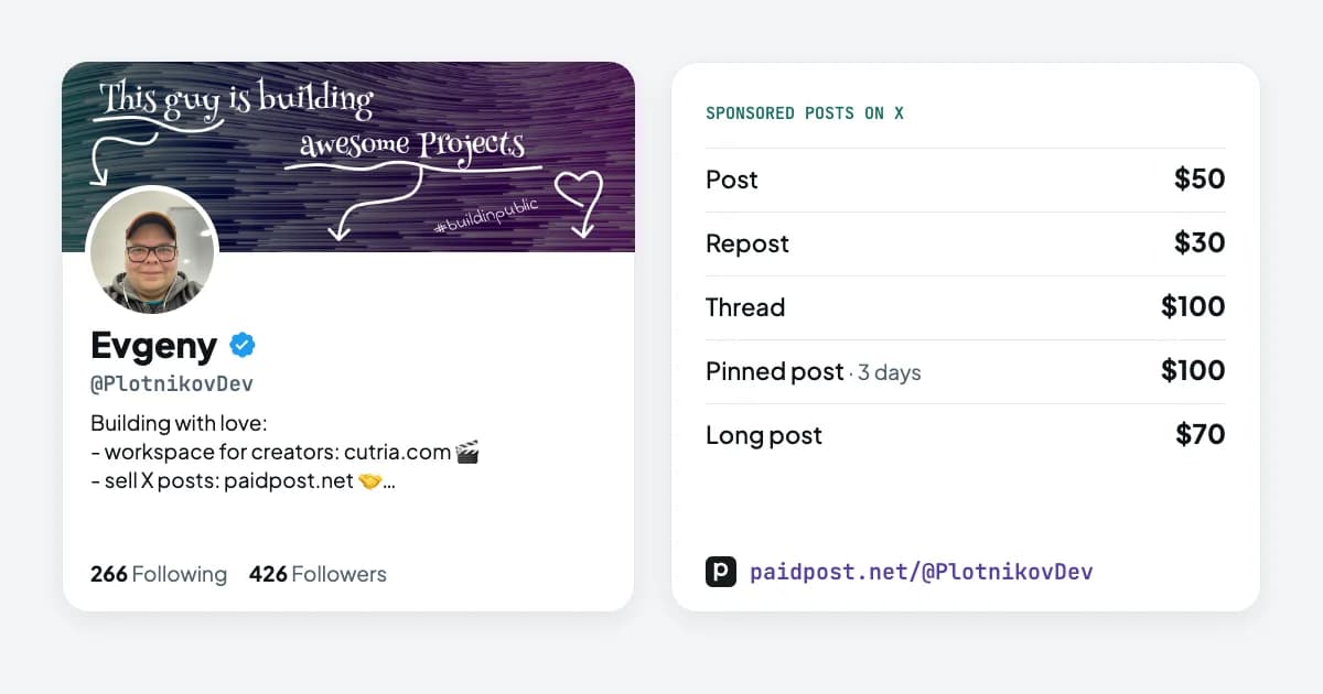 The link preview for paidpost.net/@PlotnikovDev: Evgeny's X profile next to his sponsored post prices