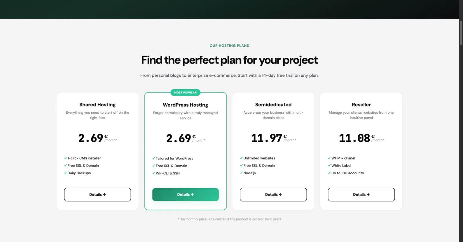 SupportHost's hosting plans: shared, WordPress, semidedicated and reseller hosting