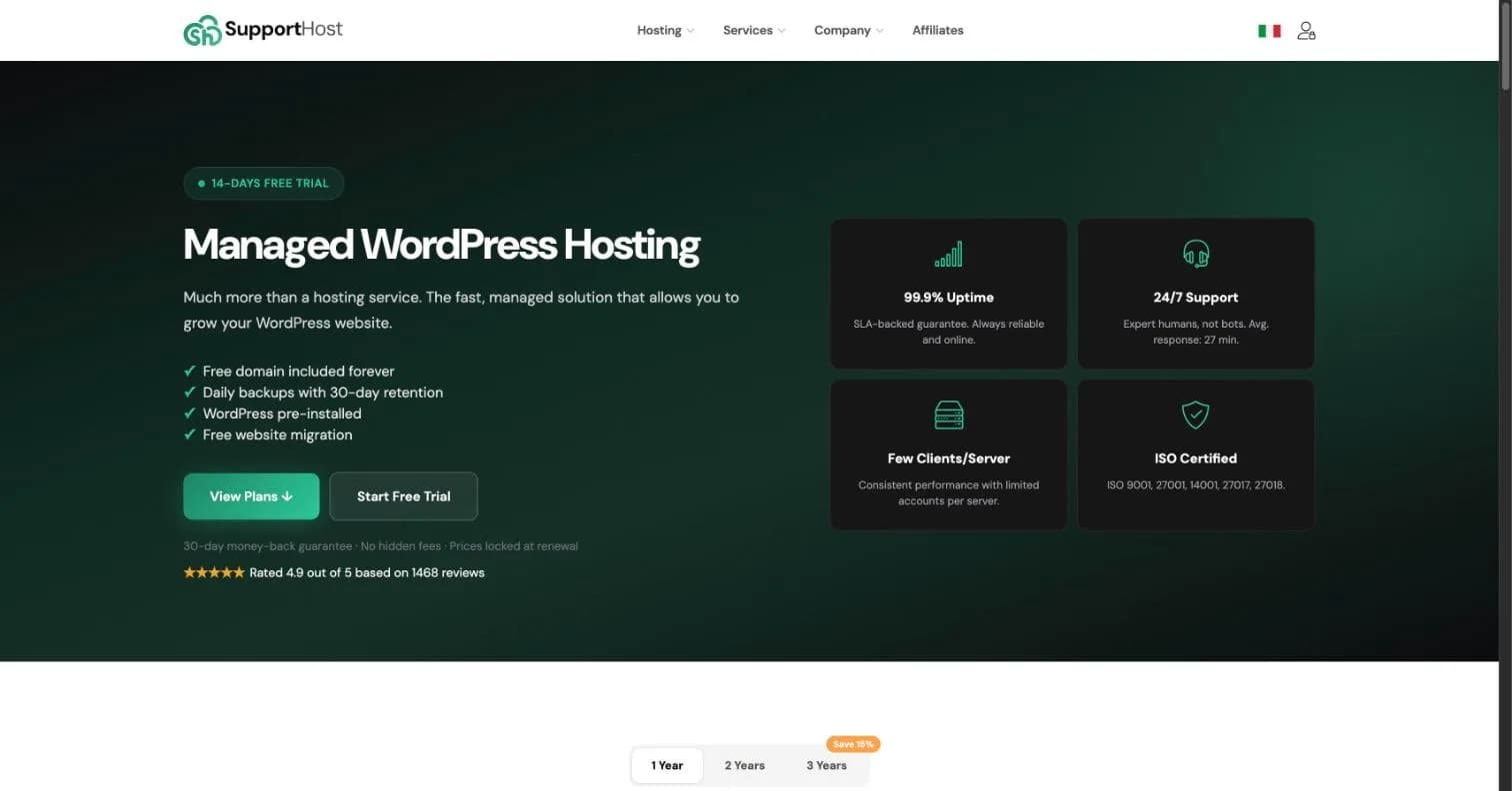 SupportHost's managed WordPress hosting page, with 24/7 human support and a 27-minute average response