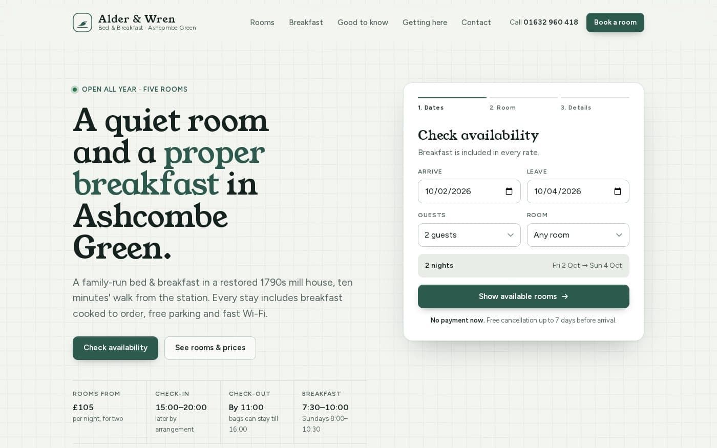 Alder & Wren bed & breakfast website template — full preview