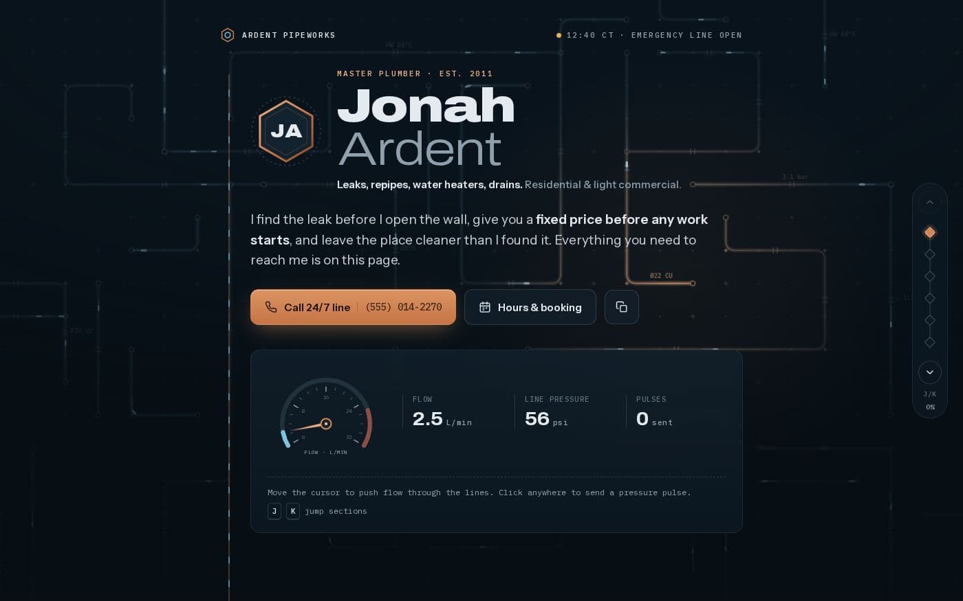 Ardent Pipeworks plumber bio page template — full preview