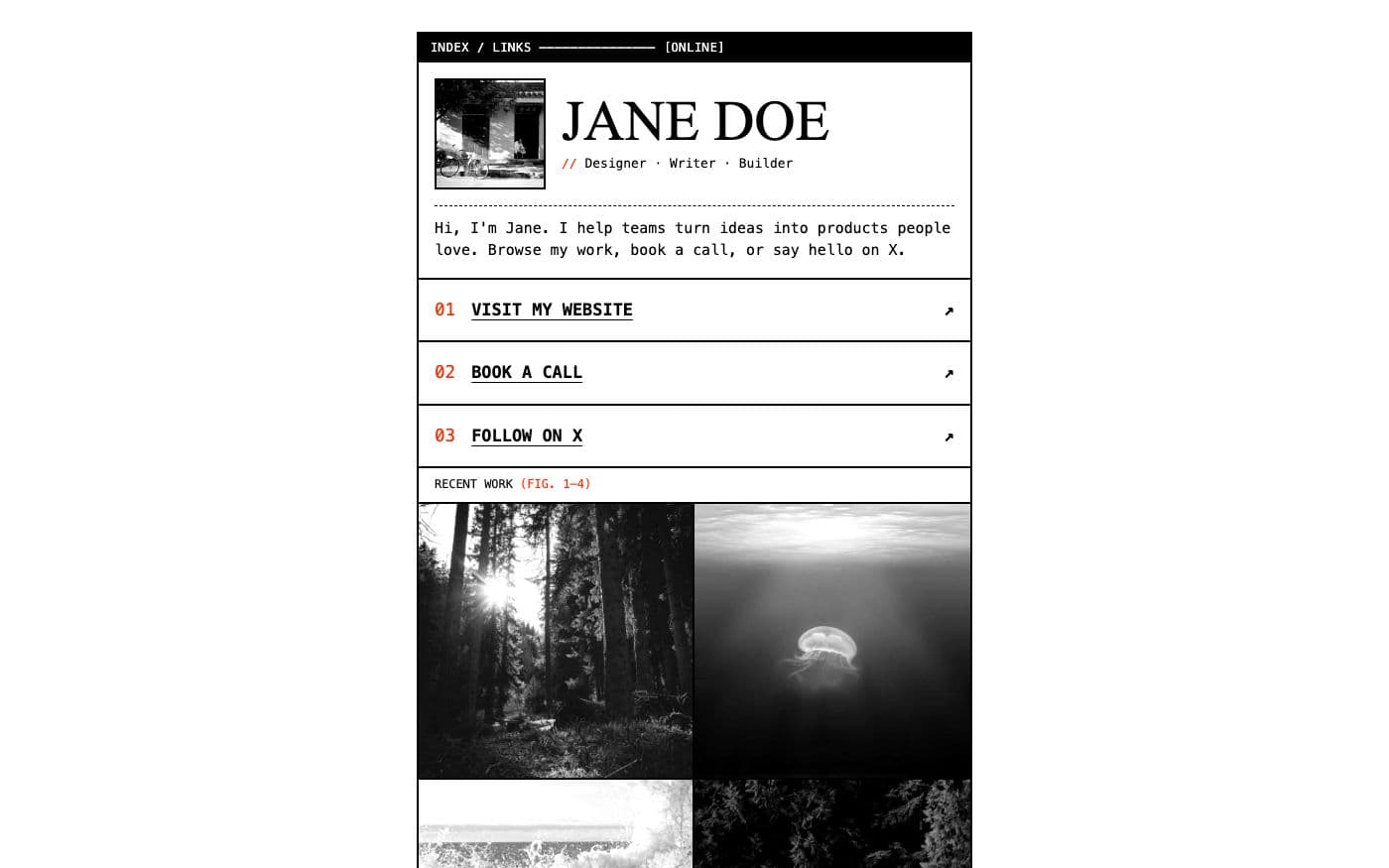 Brutalist link page template preview