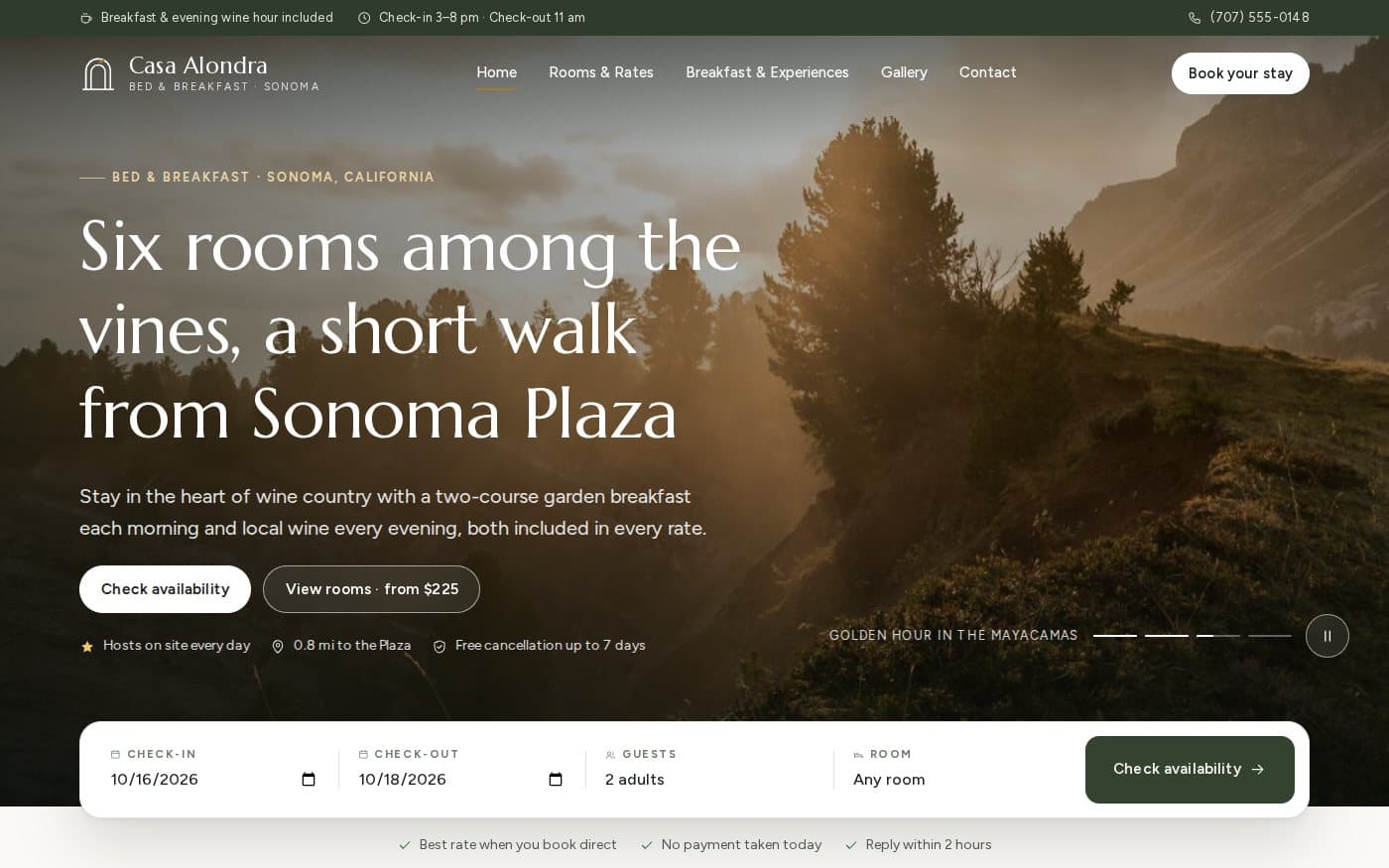Casa Alondra bed & breakfast website template — full preview