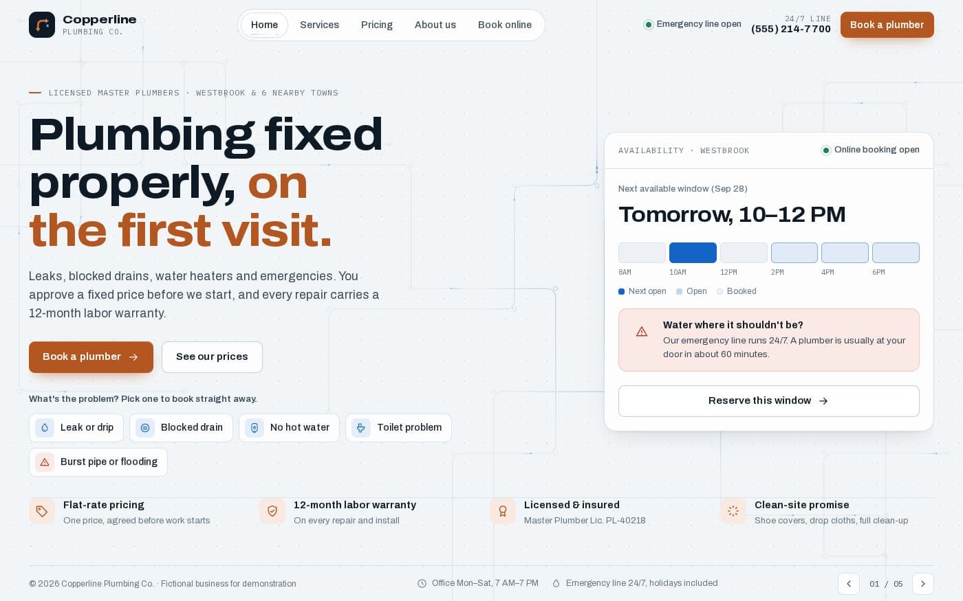 Copperline plumbing website template — full preview