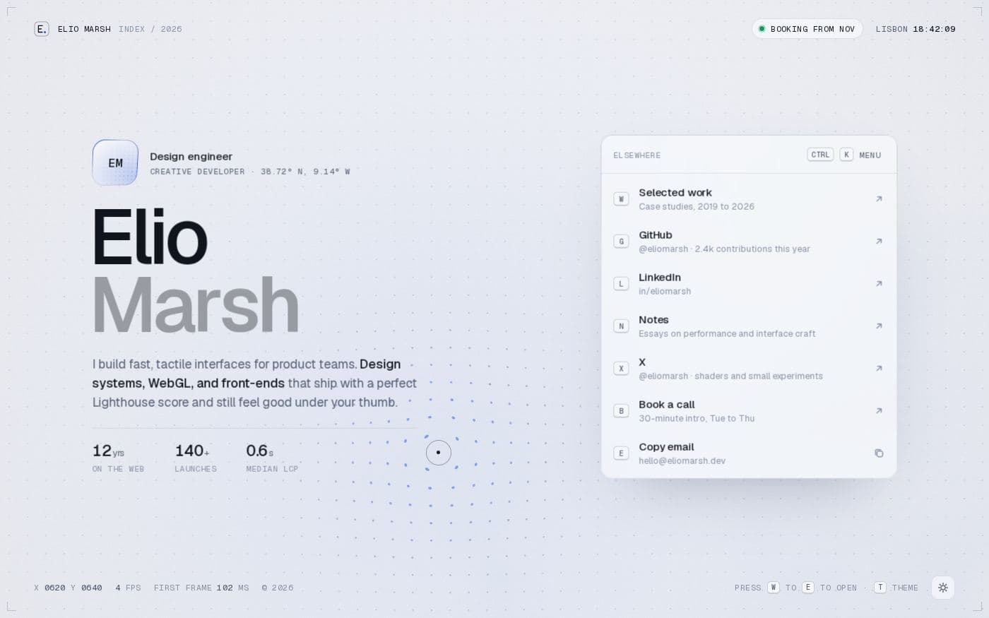 Elio Marsh design engineer bio page template — full preview