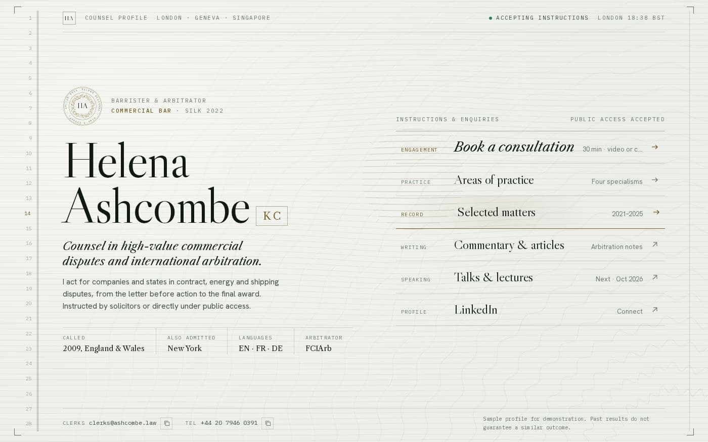 Helena Ashcombe barrister bio page template preview