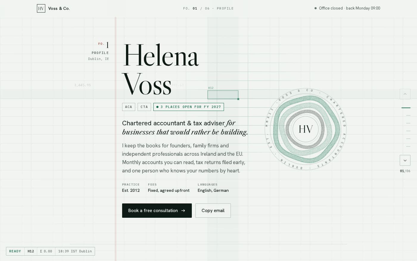 Helena Voss accountant bio page template — full preview