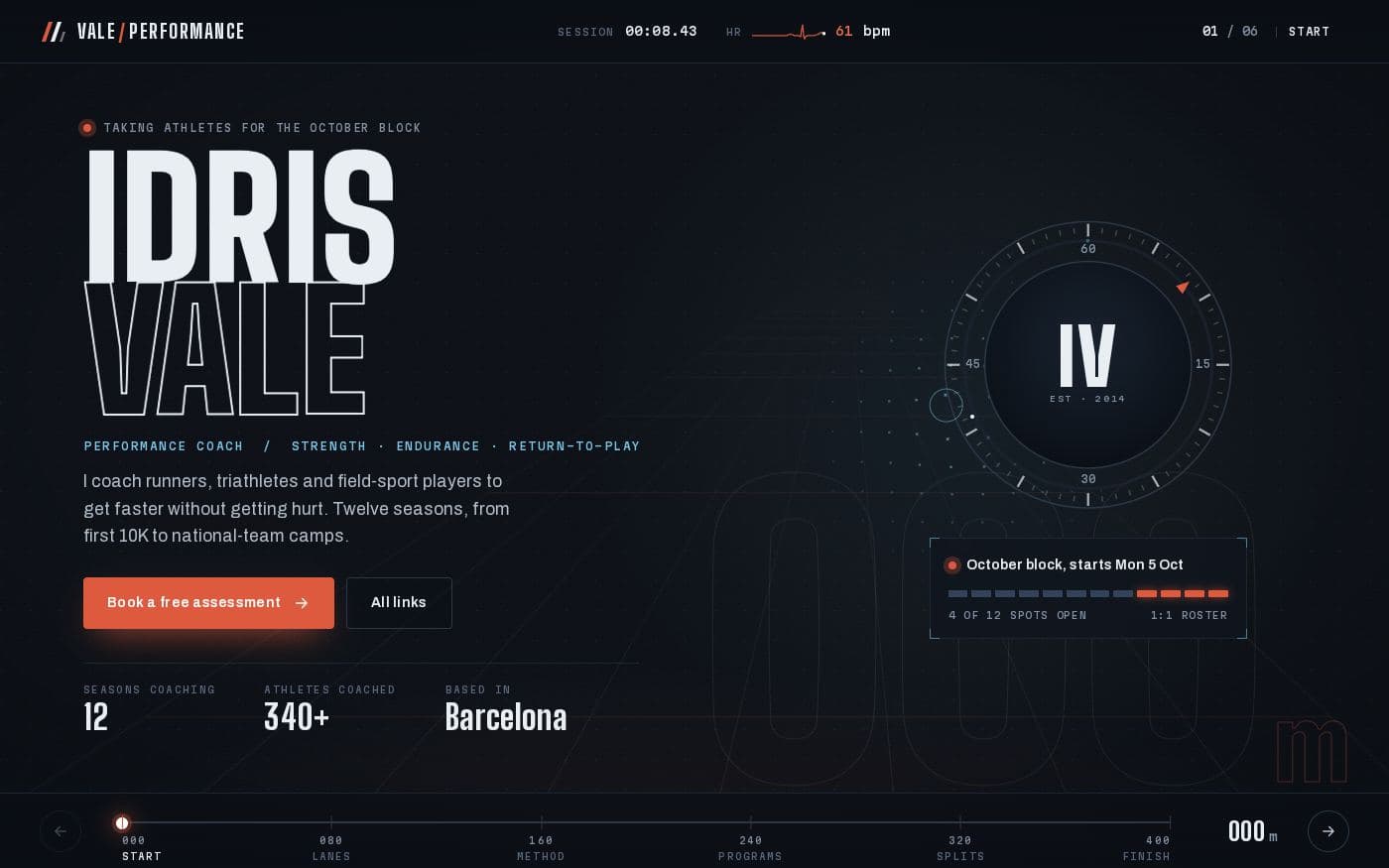 Idris Vale coach bio page template — full preview