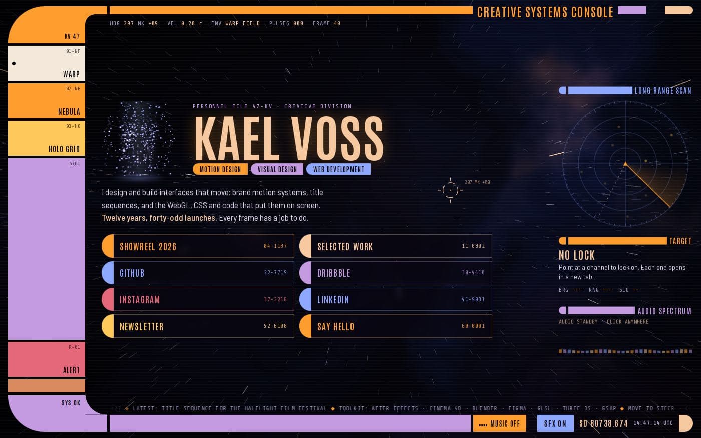 Kael Voss console bio page template preview