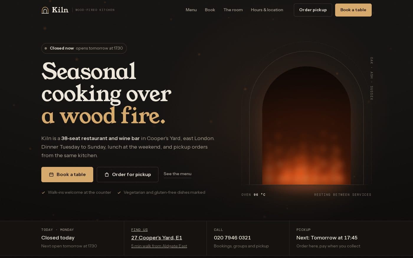 Kiln wood-fired restaurant website template — full preview