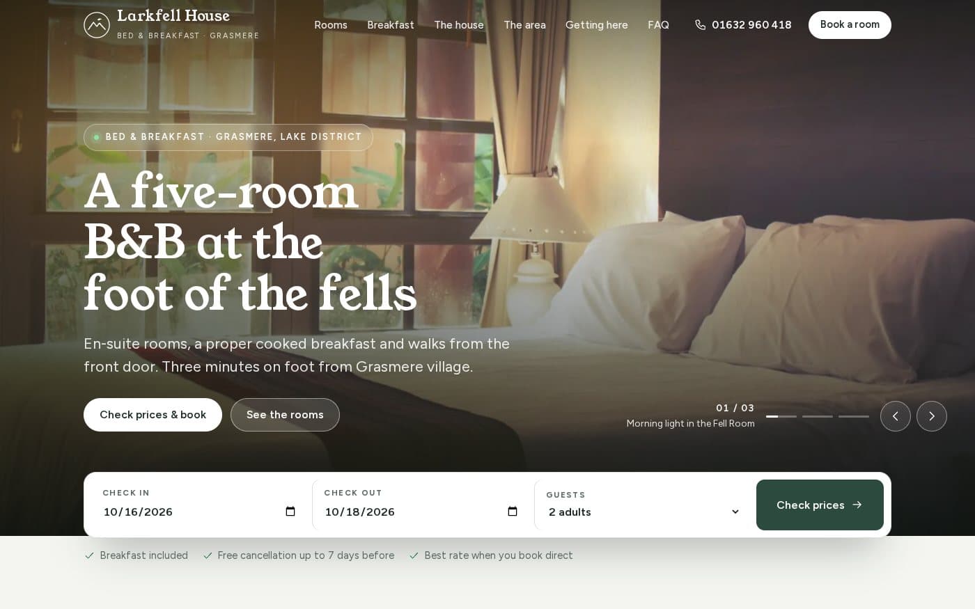 Larkfell House bed & breakfast website template — full preview