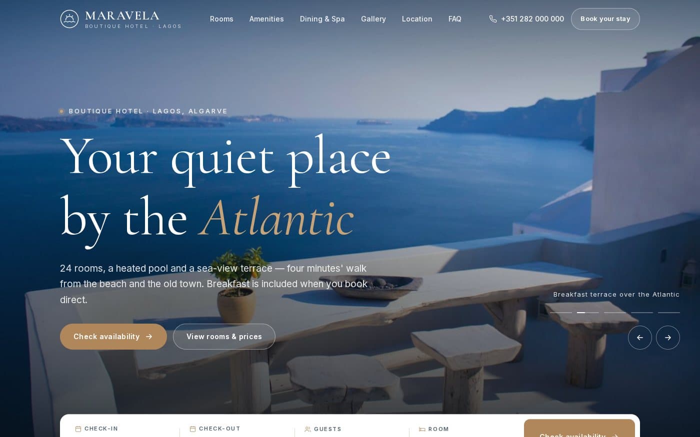 Maravela boutique hotel website template — full preview