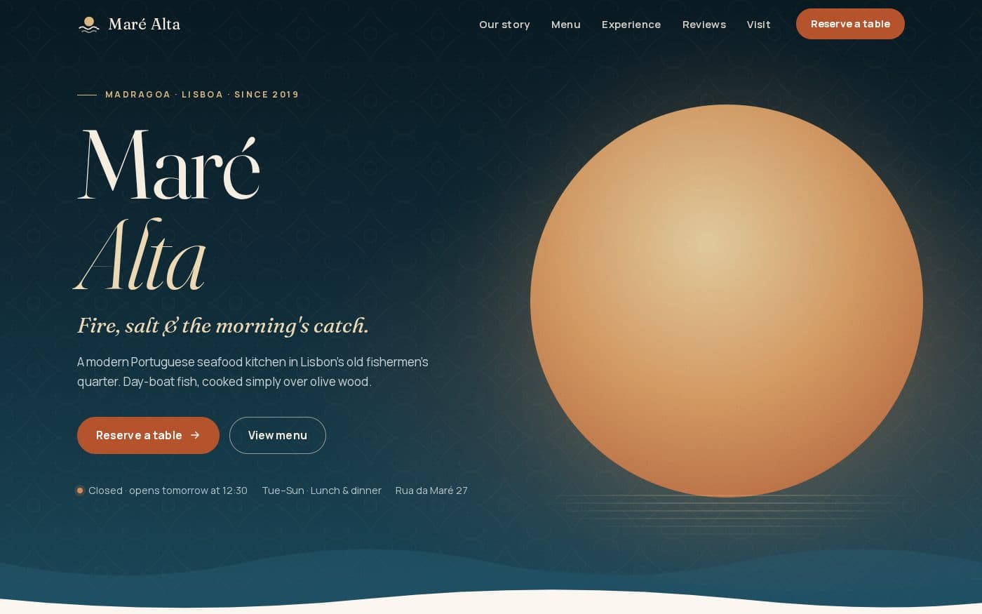Maré Alta seafood restaurant website template — full preview