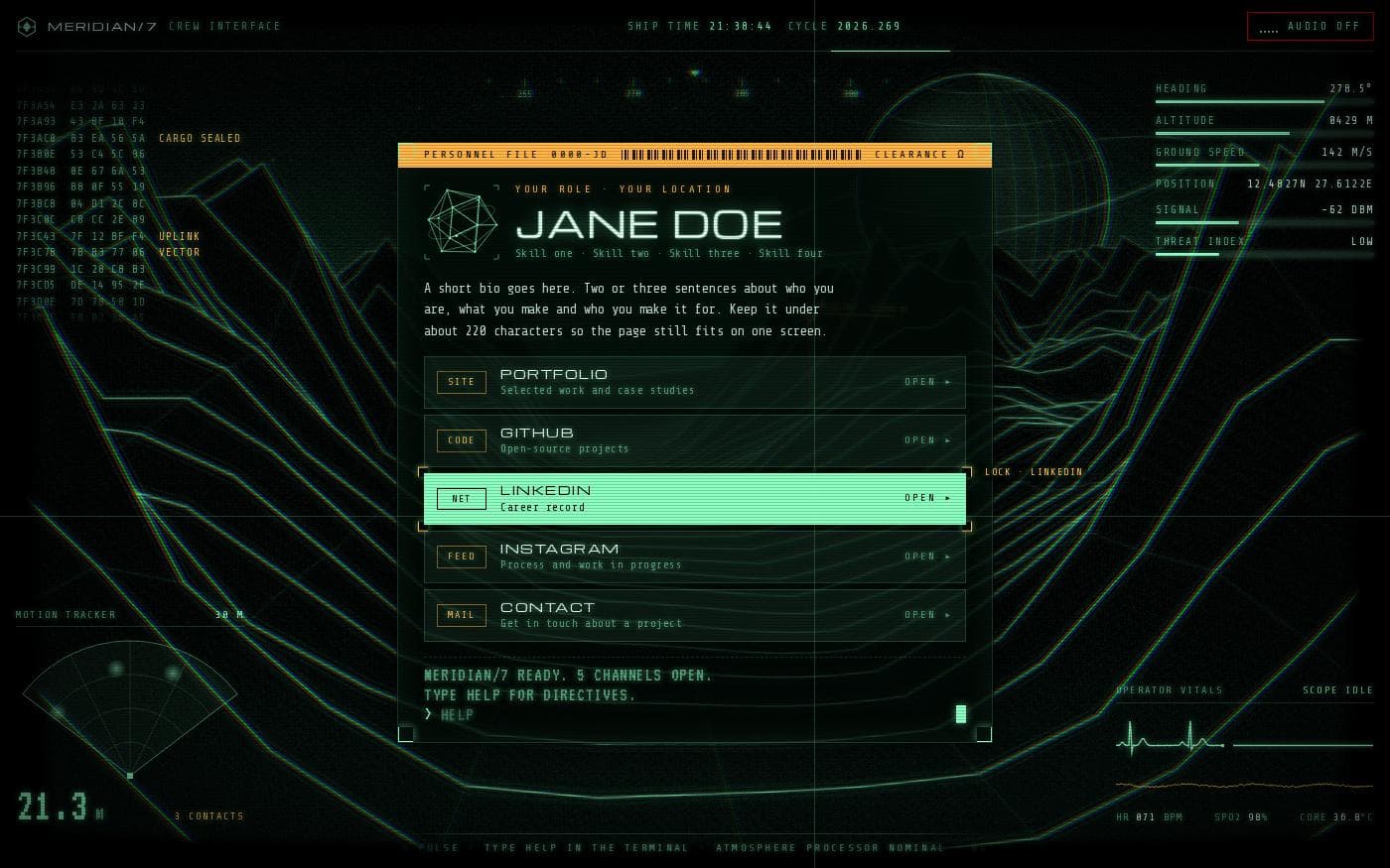 Meridian sci-fi bio page template — full preview