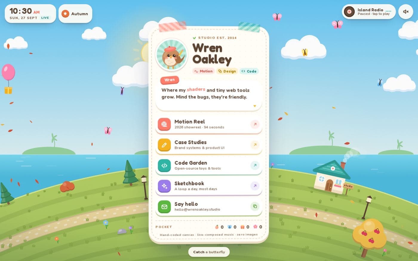 Wren's Island cozy bio page template — full preview